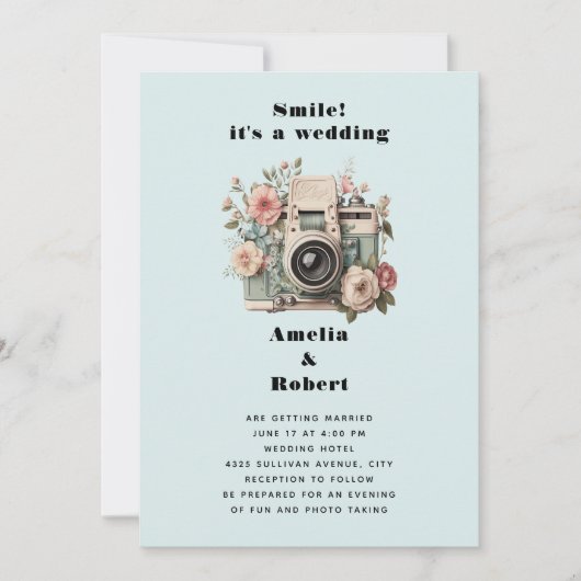 Invitation Camera with Flowers Retro Pastel Image Wedding (Devant)