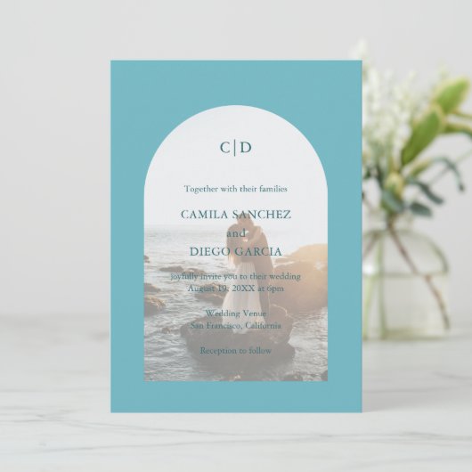 Invitation Camila Aqua Arch Mariage moderne (Debout devant)