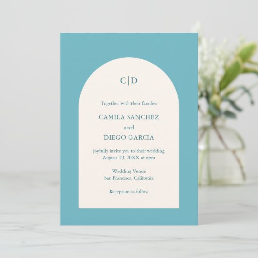 Invitation Camila Aqua Arch Mariage moderne (Debout devant)