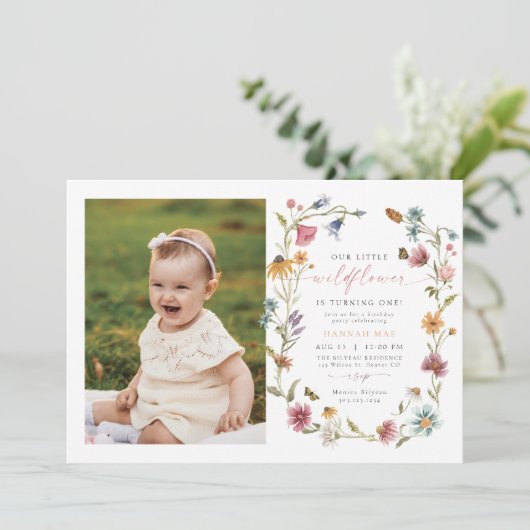 Invitation CAMILLA Papillon Fleur sauvage fille premier anniv (Debout devant)