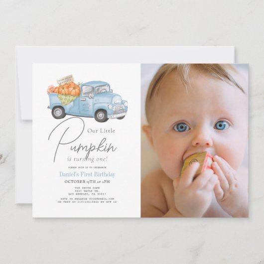 Invitation Camion à citrouilles bleues Gingham Garçon Photo 1 (Devant)
