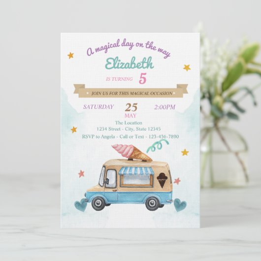 Invitation Camion à glace, Cônes, Anniversaire (Debout devant)