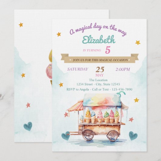 Invitation Camion à glace, Cônes, Anniversaire (Devant / Derrière)