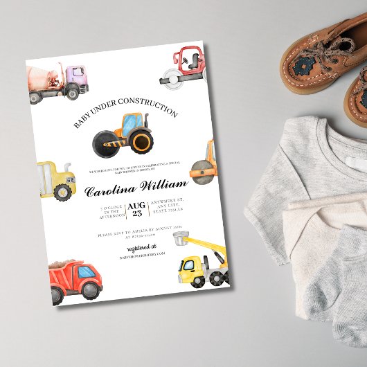 Invitation Camion bébé en construction baby shower