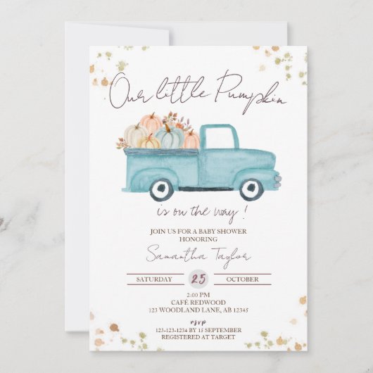 Invitation Camion bleu, Bébé garçon douche, Baby shower d'aut (Devant)