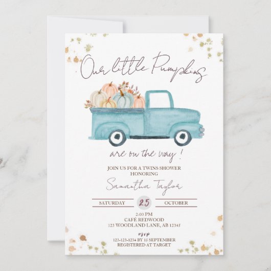 Invitation Camion Bleu, Douche Jumeaux, Bébé Automne Garçons (Devant)