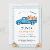 Invitation Camion bleu et Citrouille Automne En vichy Anniver (Devant)