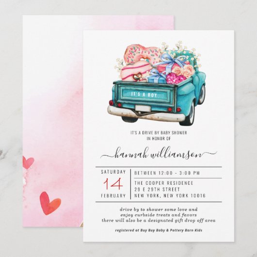 Invitation Camion bleu Valentine | Baby shower Drive-By (Devant / Derrière)