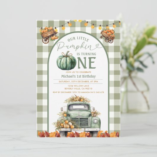 Invitation Camion Citrouille 1er anniversaire En vichy automn (Debout devant)