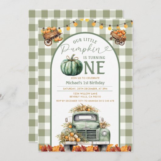Invitation Camion Citrouille 1er anniversaire En vichy automn (Devant / Derrière)