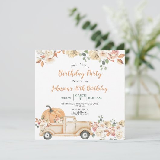 Invitation Camion citrouille 30e fête d'anniversaire Rustic F (Debout devant)