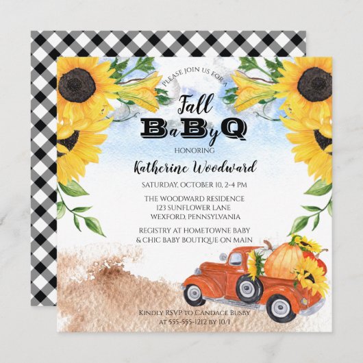 Invitation Camion Citrouille Automne | Sunflowers Baby BBQ Do (Devant / Derrière)