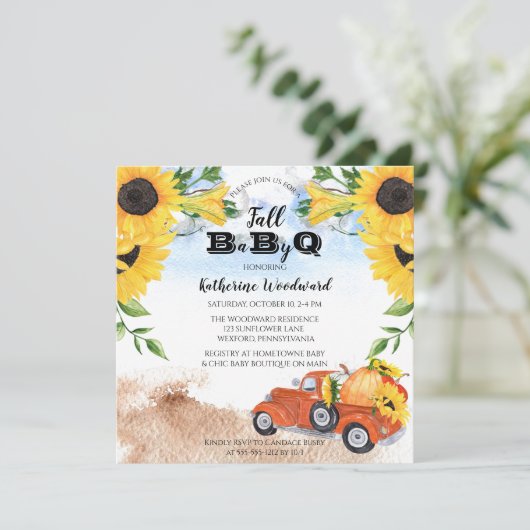 Invitation Camion Citrouille Automne | Sunflowers Baby BBQ Do (Debout devant)