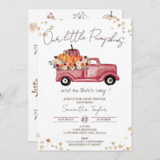 Invitation Camion citrouille, Baby shower d'automne, Bébés, j (Devant / Derrière)