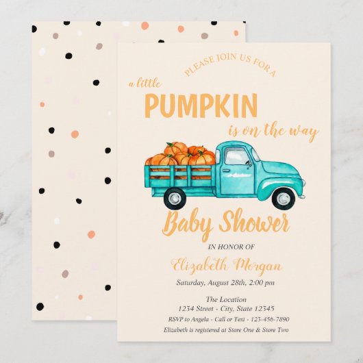Invitation Camion Citrouille, Baby Shower Petits Points (Devant / Derrière)