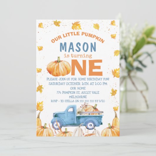 Invitation Camion Citrouille bleu orange 1er anniversaire (Debout devant)