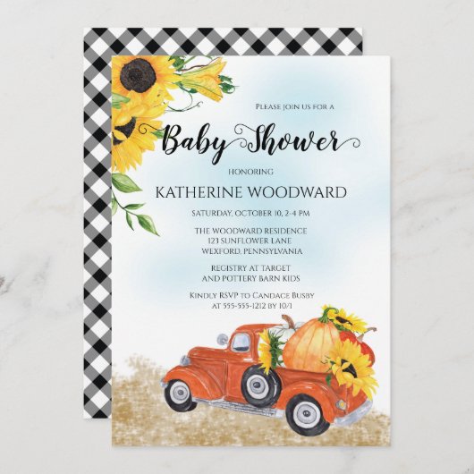 Invitation Camion Citrouille d'automne | Baby shower Sunflowe (Devant / Derrière)
