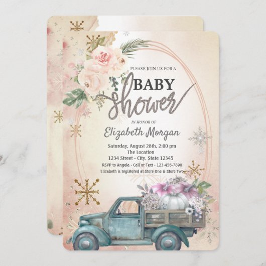 Invitation Camion citrouille, Fleurs, Baby shower Snowflakes (Devant / Derrière)
