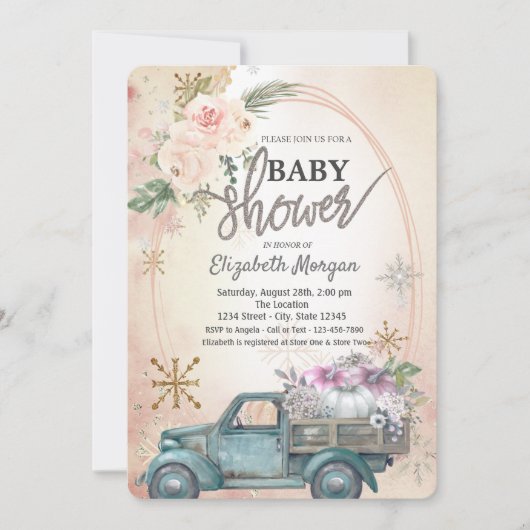 Invitation Camion citrouille, Fleurs, Baby shower Snowflakes (Devant)
