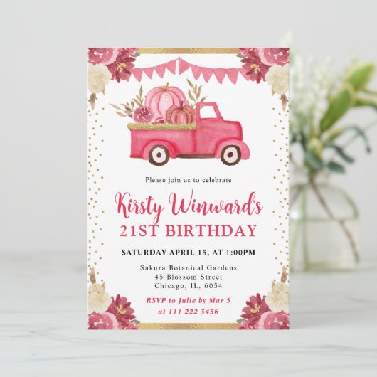 Invitation Camion Citrouille Pink Gold Floral Automne 21e ann (Debout devant)