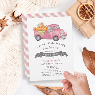 Invitation Camion Citrouille rose En vichy Baby shower fille