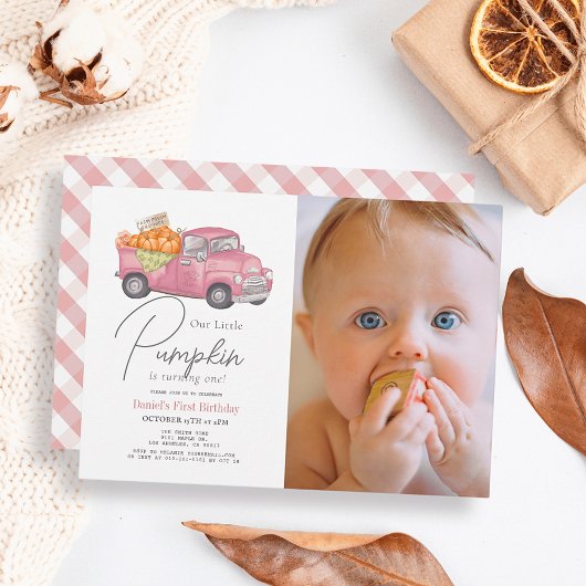 Invitation Camion Citrouille rose En vichy fille Photo 1er an