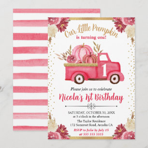 Invitation Camion Citrouille rose et or automne 1er anniversa