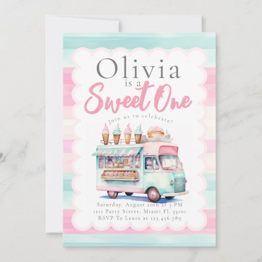 Invitation Camion crème glacée 1er anniversaire Pink Sweet On (Devant)