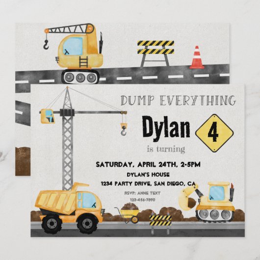 Invitation Camion d'anniversaire de construction (Devant / Derrière)