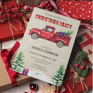Invitation Camion d'aquarelle de Noël Rouge Plat