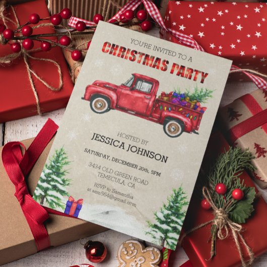 Invitation Camion d'aquarelle de Noël Rouge Plat