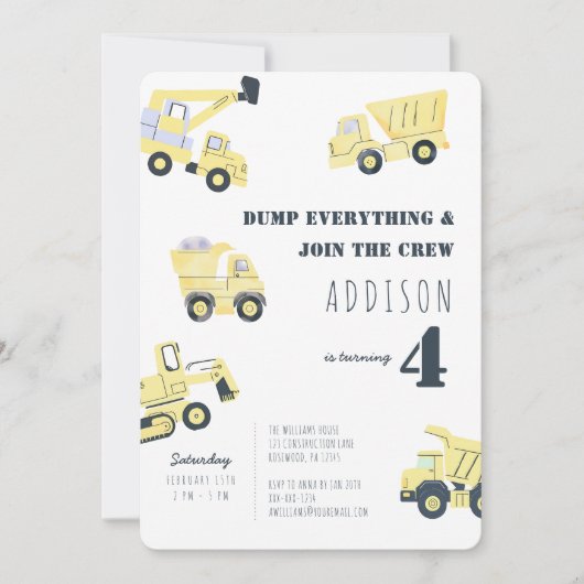 Invitation Camion de construction 4e anniversaire (Devant)