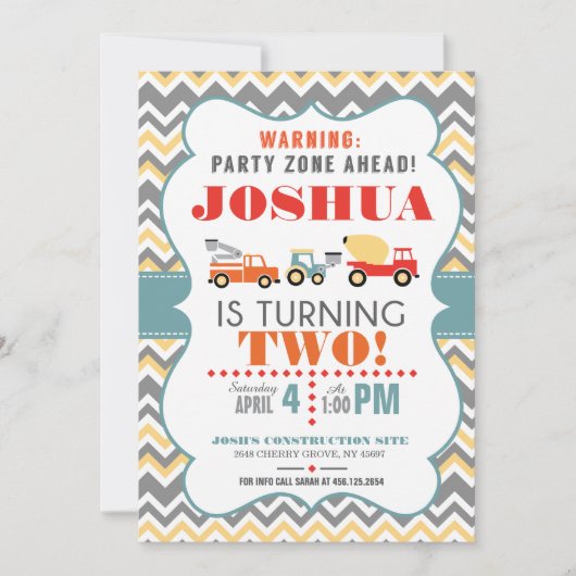 Invitation Camion de construction Chevron Anniversaire Invita (Devant)