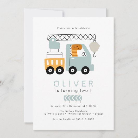 Invitation Camion de construction Dinosaur Anniversaire (Devant)