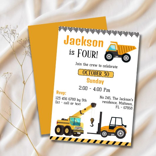 Invitation Camion de construction simple enfants 4e anniversa