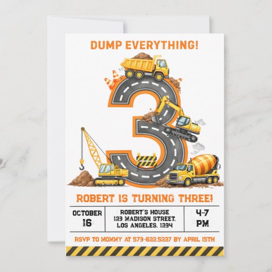 Invitation Camion de construction Tout Déverser 3e anniversai (Devant)