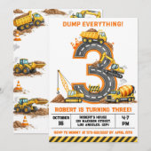 Invitation Camion de construction Tout Déverser 3e anniversai (Devant / Derrière)