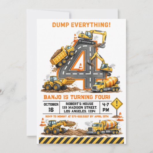 Invitation Camion de construction Tout déverser 4e anniversai (Devant)