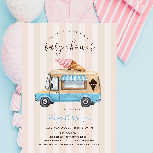 Invitation Camion de glaces à l'aquarelle Fête de bébé rayée