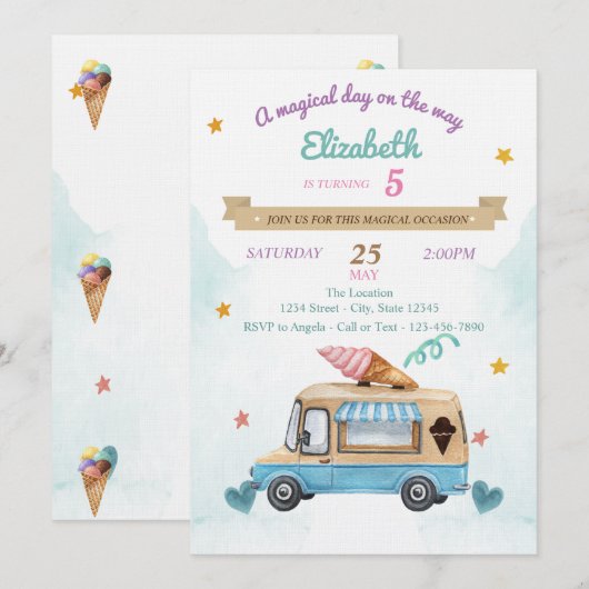 Invitation Camion de glaces,Cônes, Anniversaire   (Devant / Derrière)