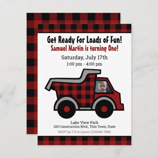 Invitation Camion de pompage Buffalo Plaid Construction (Devant / Derrière)