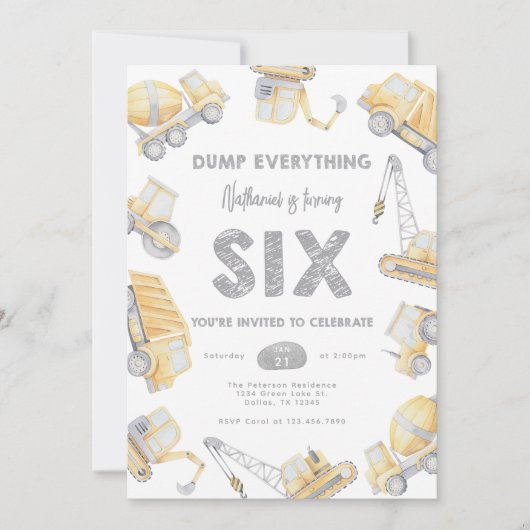 Invitation Camion de pompage de construction SIX 6e fête d'an (Devant)