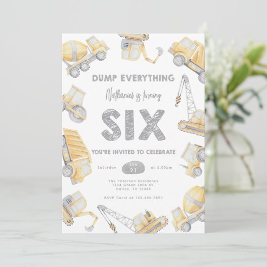 Invitation Camion de pompage de construction SIX 6e fête d'an (Debout devant)