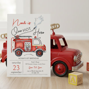 Invitation Camion de pompier rouge Un héros chaud 1er anniver