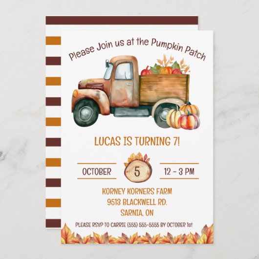 Invitation Camion de récolte d'automne, Citrouille Patch, fêt (Devant / Derrière)