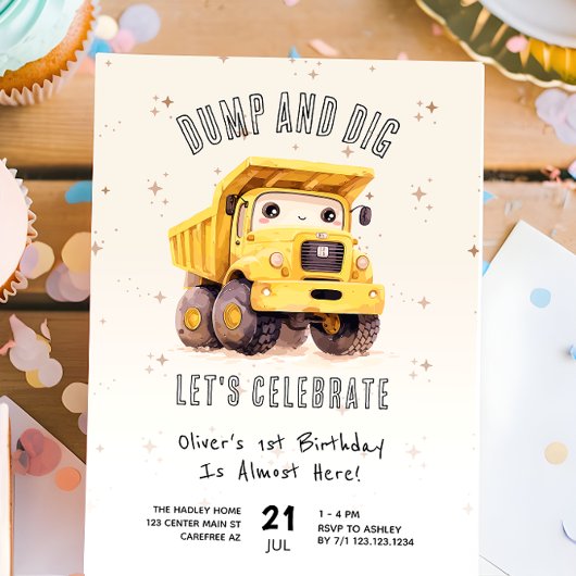 Invitation Camion de vidage de construction mignonne 1er anni