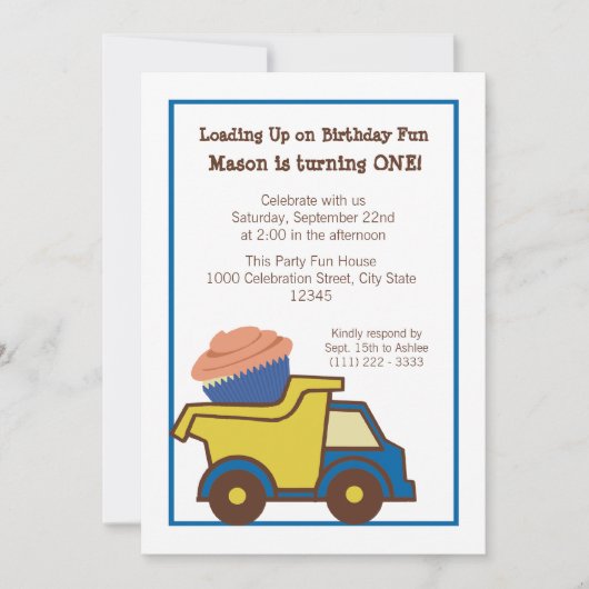 Invitation Camion de vidange avec Cupcake Blue (Devant)