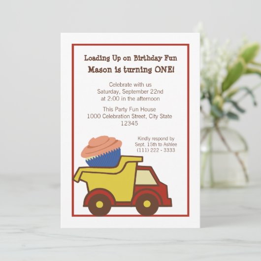 Invitation Camion de vidange avec Cupcake Red (Debout devant)