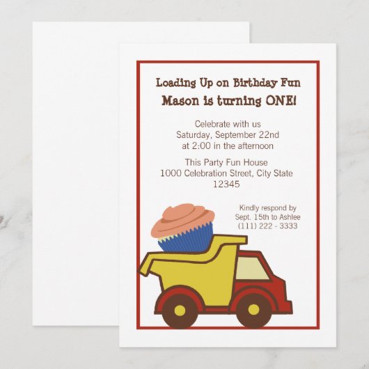 Invitation Camion de vidange avec Cupcake Red (Devant / Derrière)