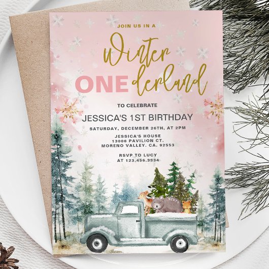 Invitation Camion d'hiver rose Forêt des nederland 1er annive